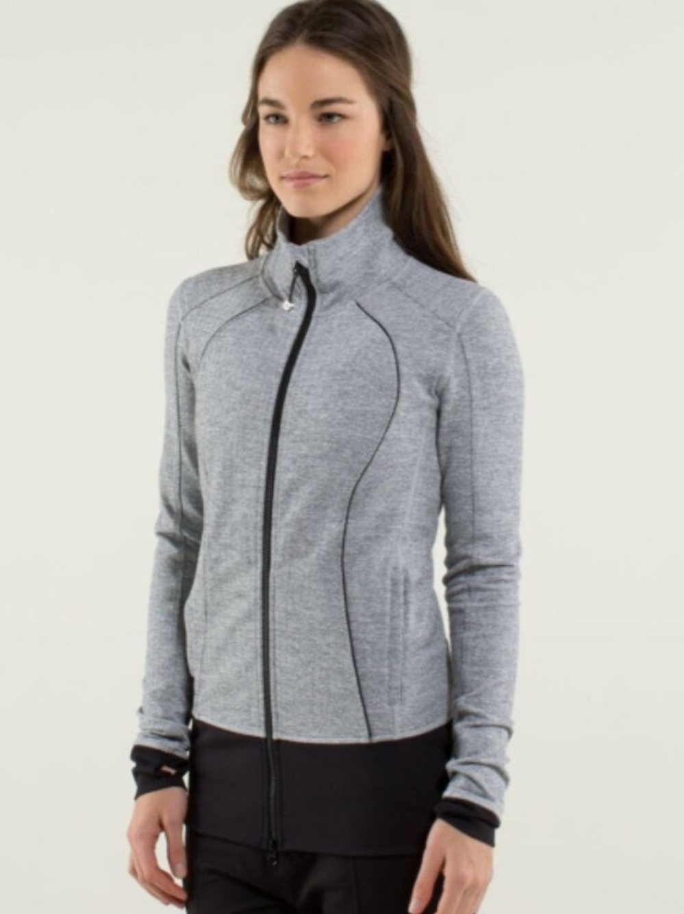 Lululemon Nice Asana Heathered Heringbone Grey Mock Neck Zip Up Jacket Size 6